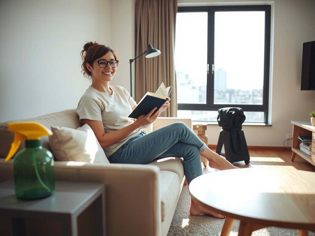 A satisfied client relaxing in their clean apartment